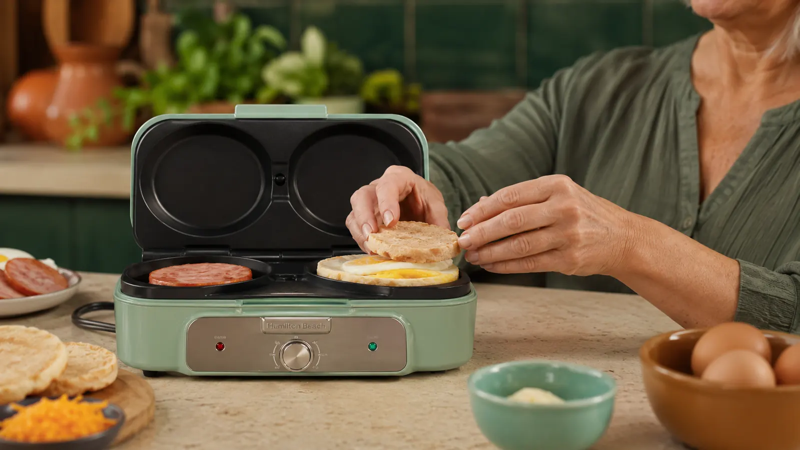 Hand layering an egg, cheese, and English muffin into the open breakfast sandwich maker