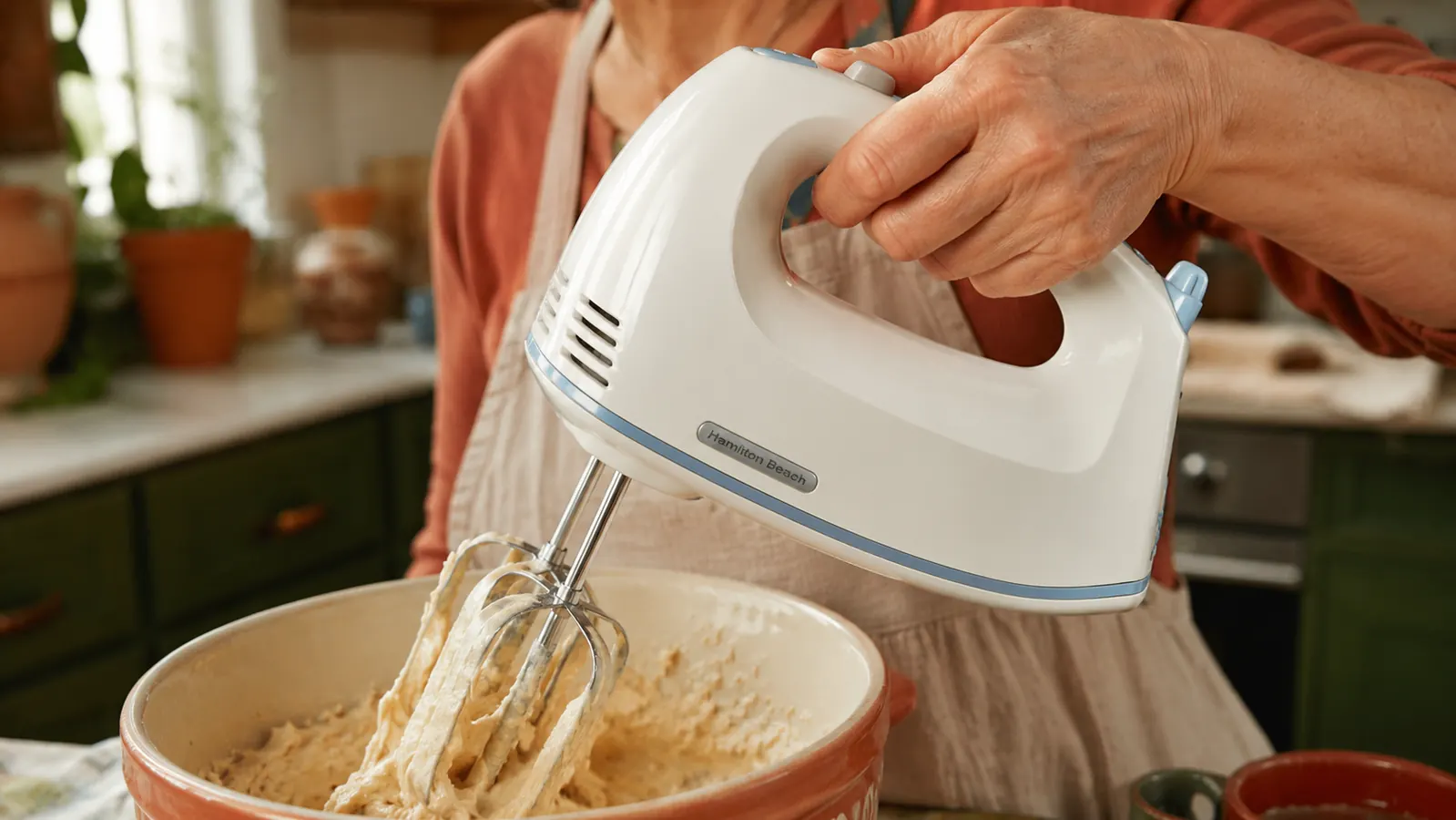 Hand mixer beaters lifted out of cookie dough showing soft peaks on the blades