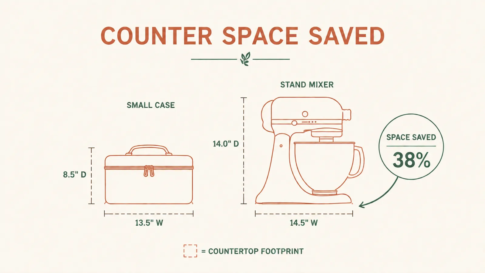 Side-by-side illustration comparing counter footprint of a hand mixer in its storage case versus a stand mixer