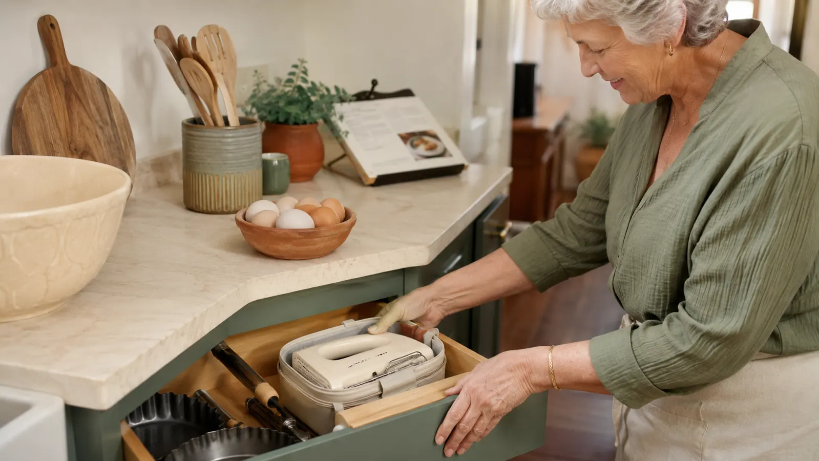 The hand mixer's snap-on case tucked into a narrow kitchen drawer next to measuring cups