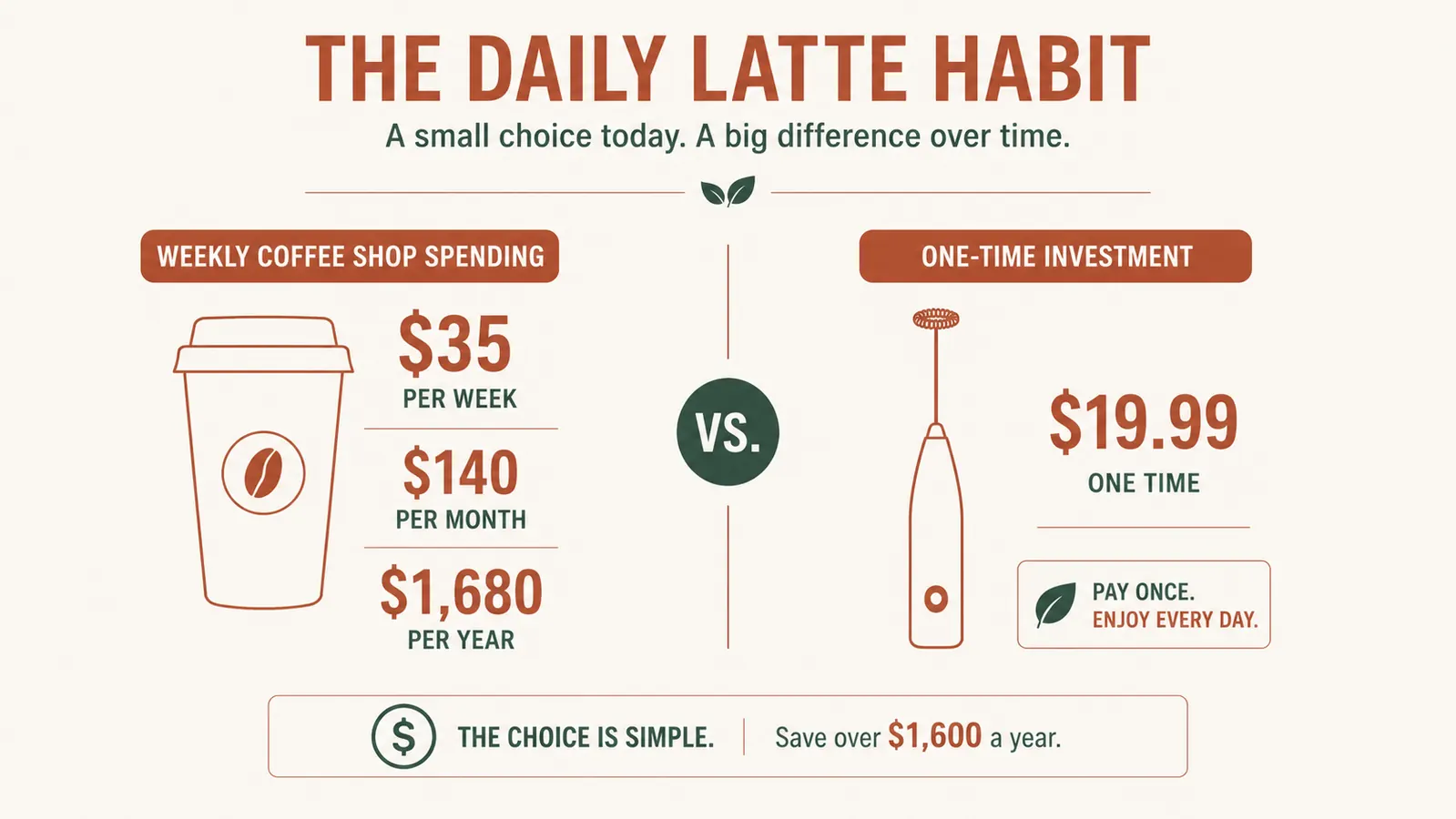 Chart comparing the weekly cost of a coffee shop latte habit versus a home handheld frother