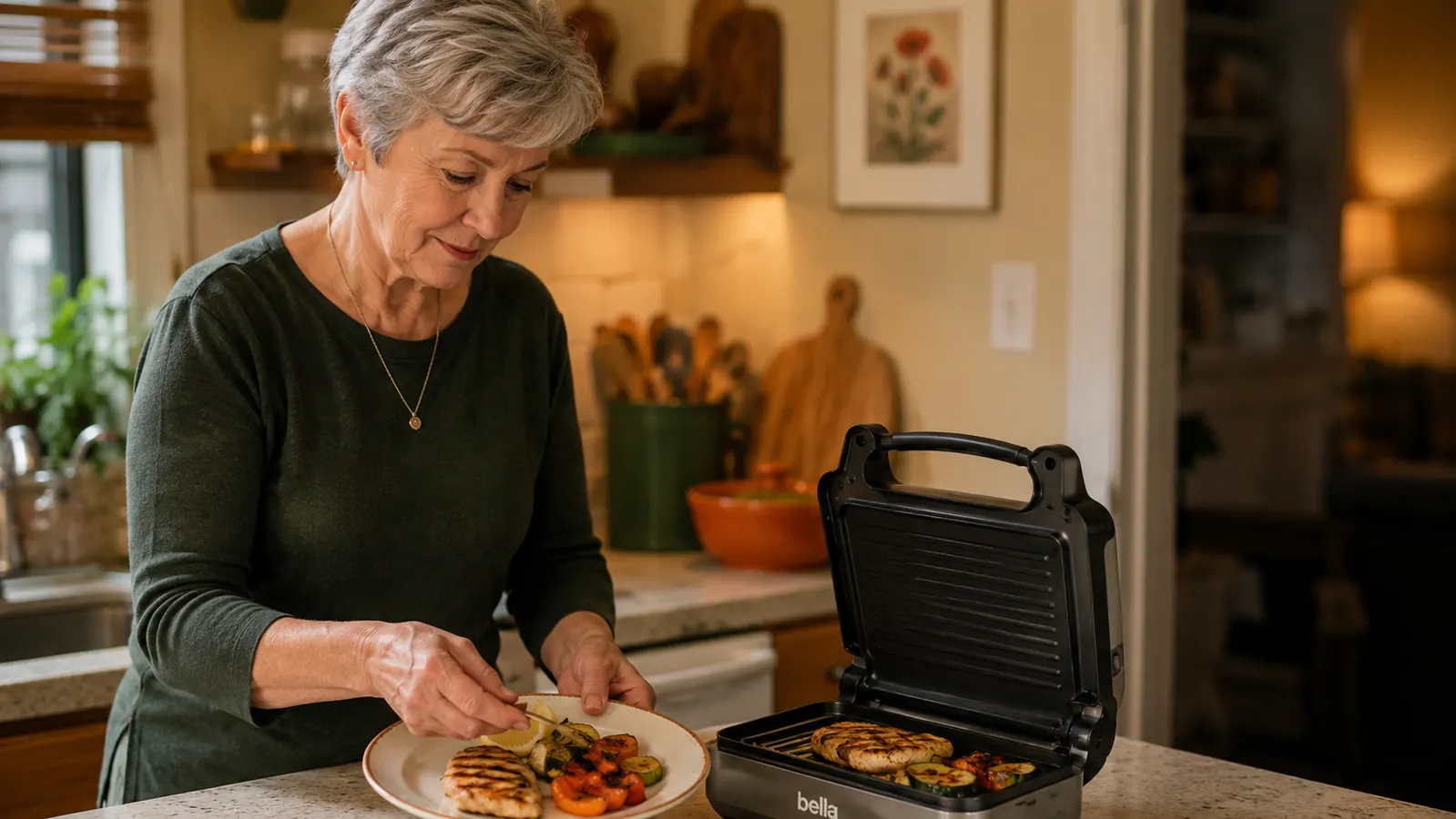 Retired-age woman plating a grilled chicken breast and vegetables from a mini grill onto a single dinner plate