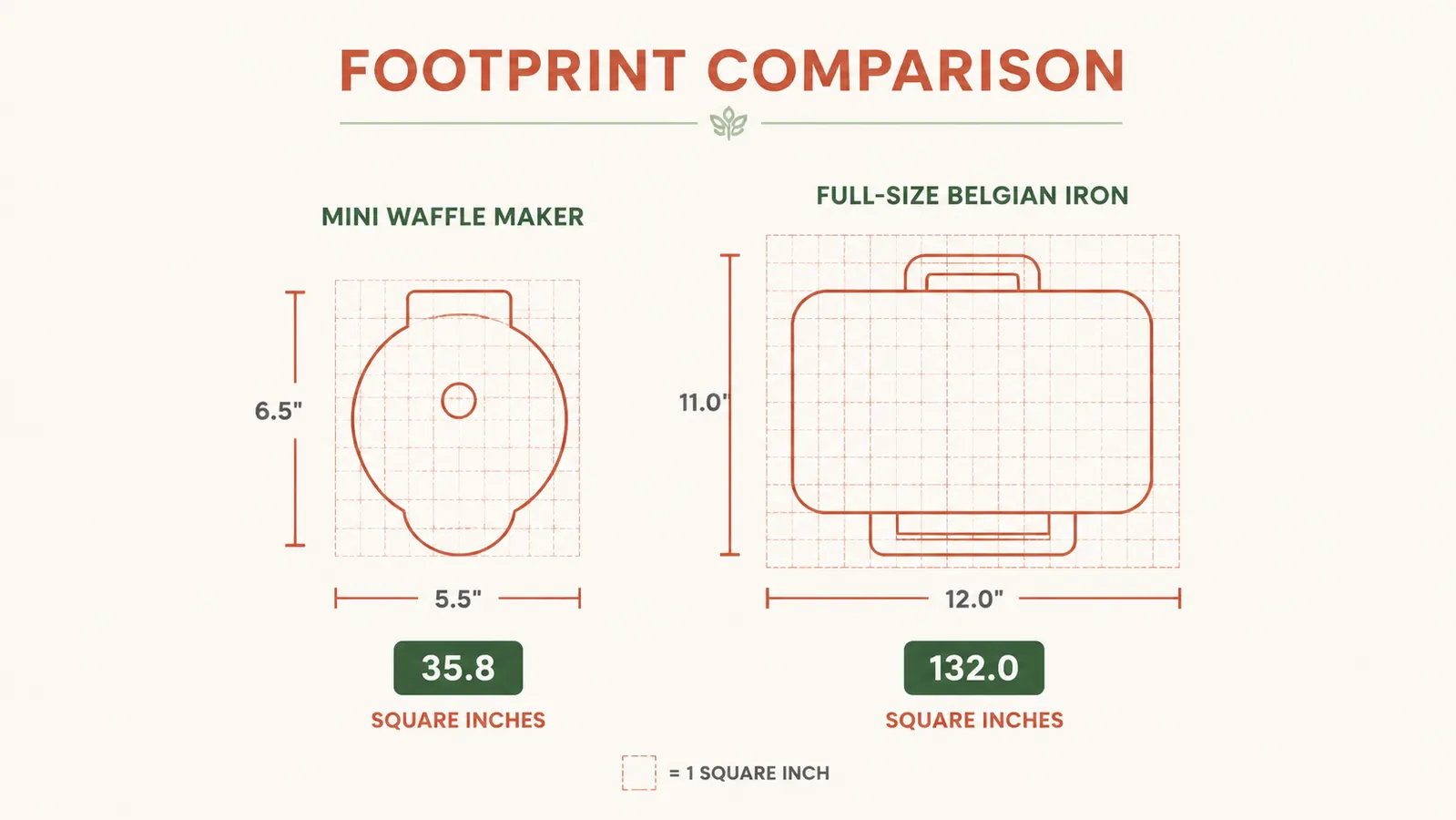 Chart comparing counter space used by a mini waffle maker versus a full-size Belgian waffle iron