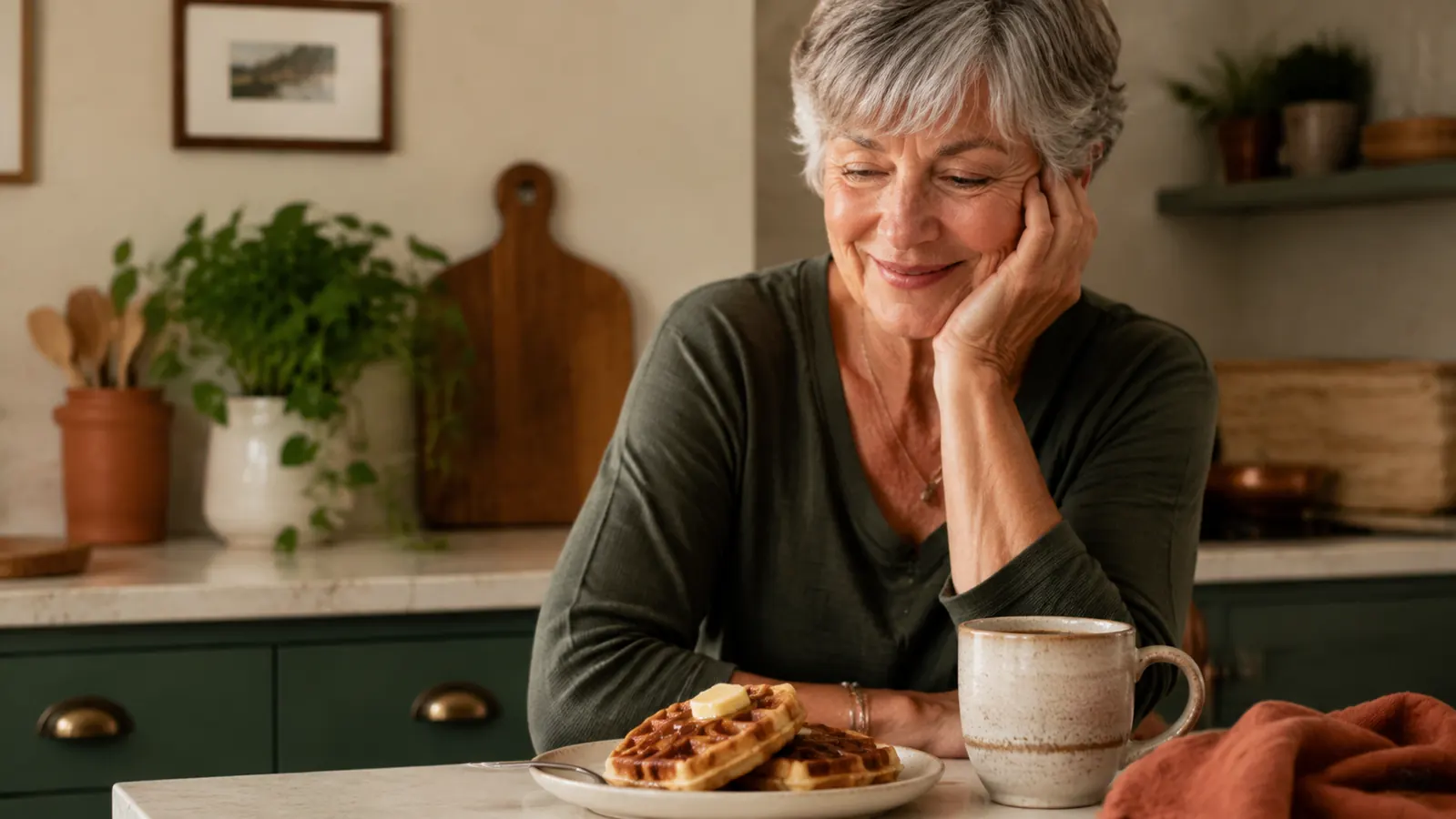 A small stack of two mini waffles on a plate with a pat of butter melting, next to a mug of coffee