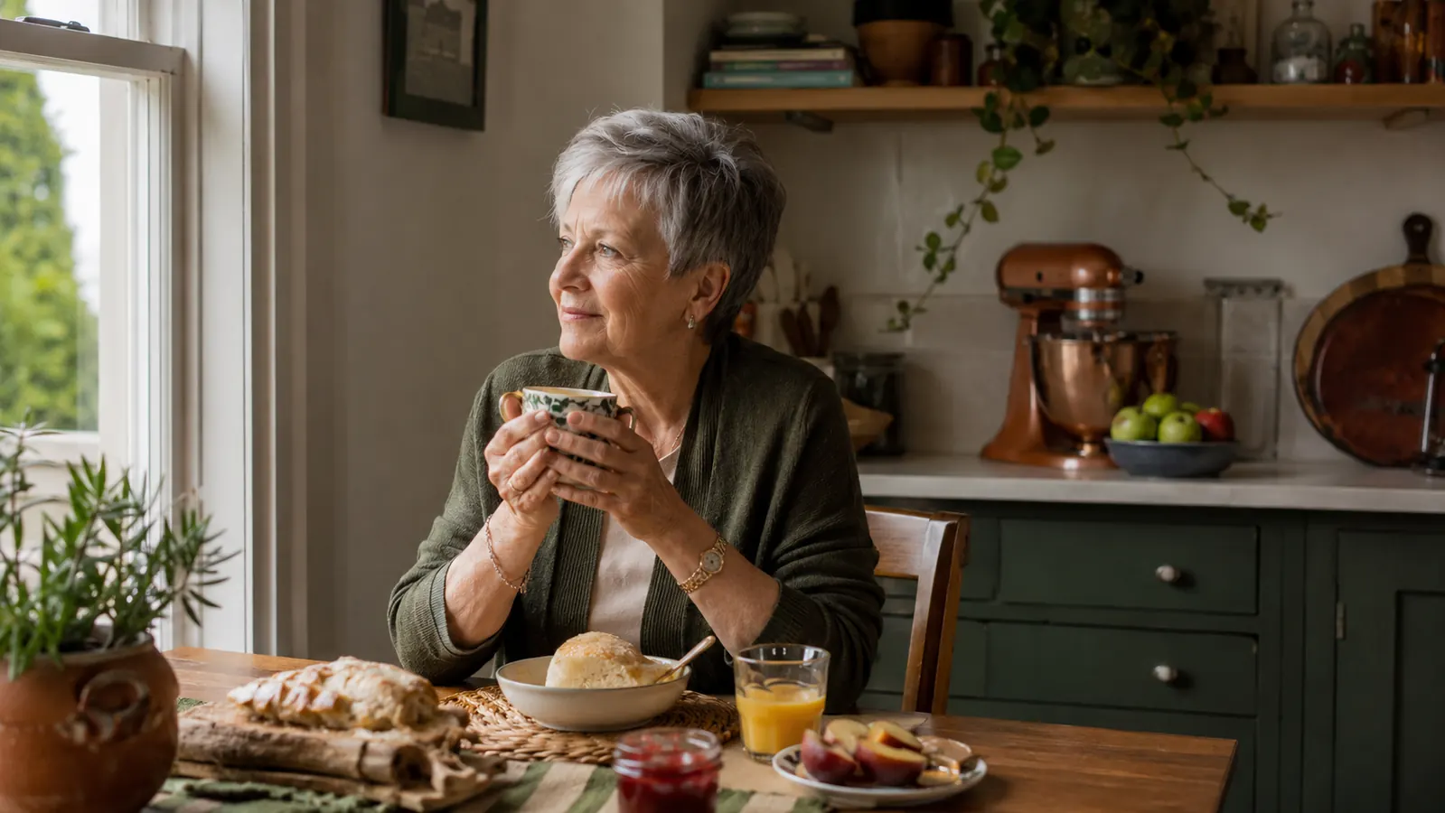 An older woman at a small kitchen table by a window, smiling over a cup of coffee and a plate of waffles