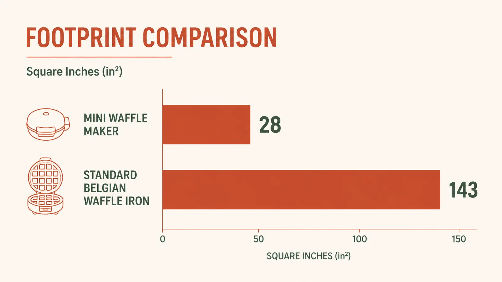 Chart showing counter space used by a mini waffle maker versus a full-size waffle iron