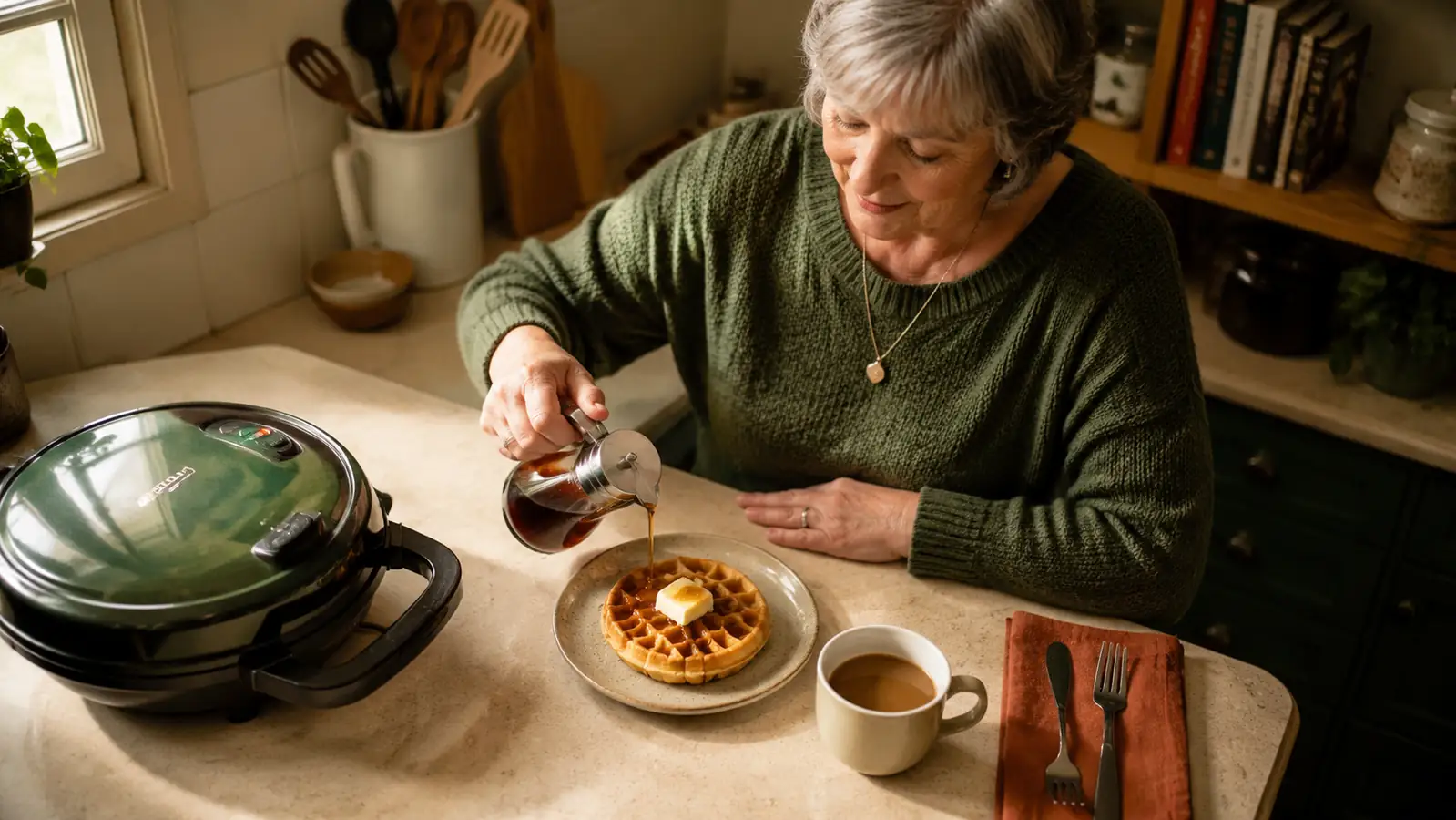 A single golden mini waffle on a small plate with butter and syrup, set on a kitchen table for one