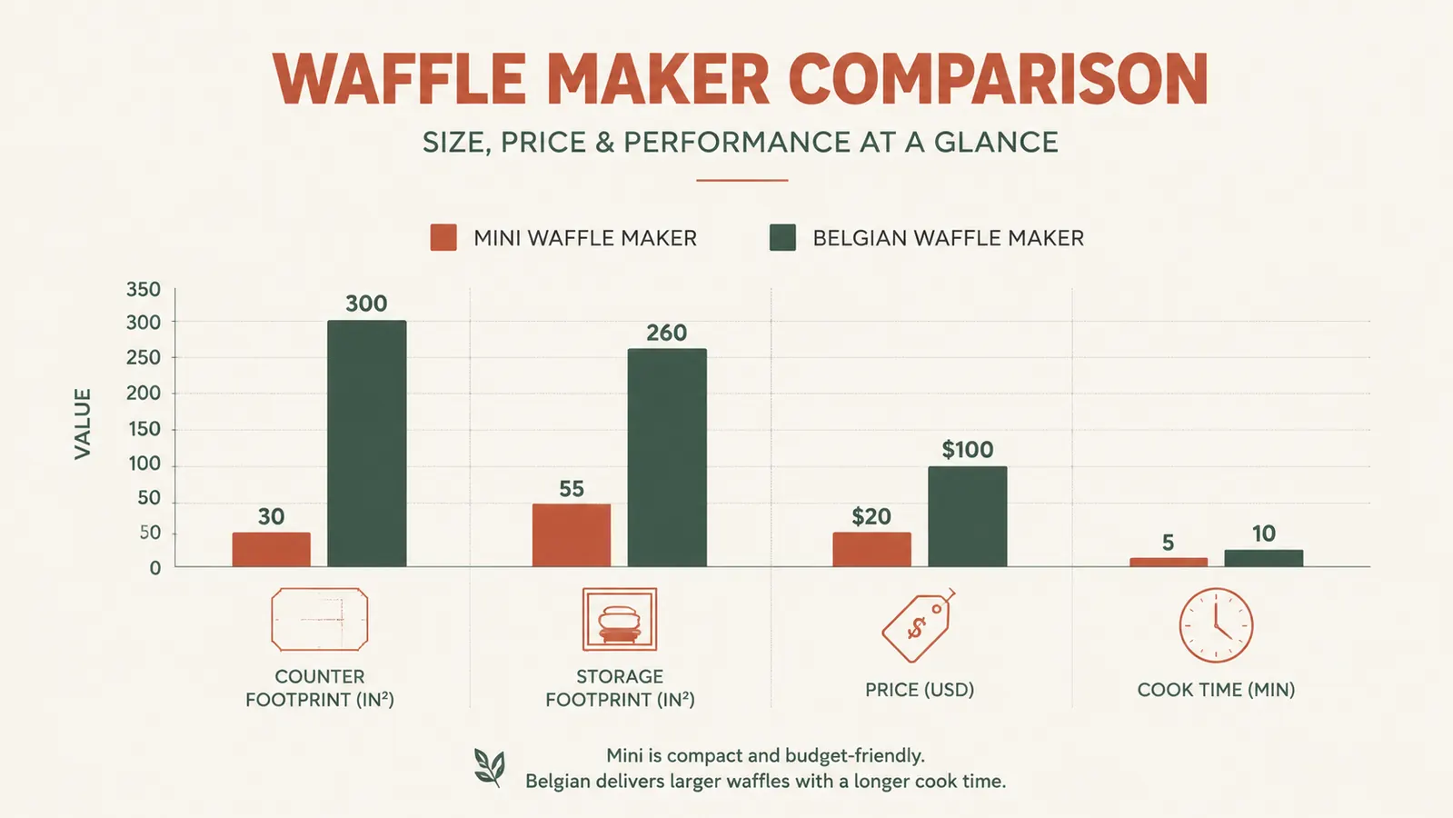 Bar chart comparing counter footprint, storage footprint, price, and cook time between the mini waffle maker and a full-size Belgian iron