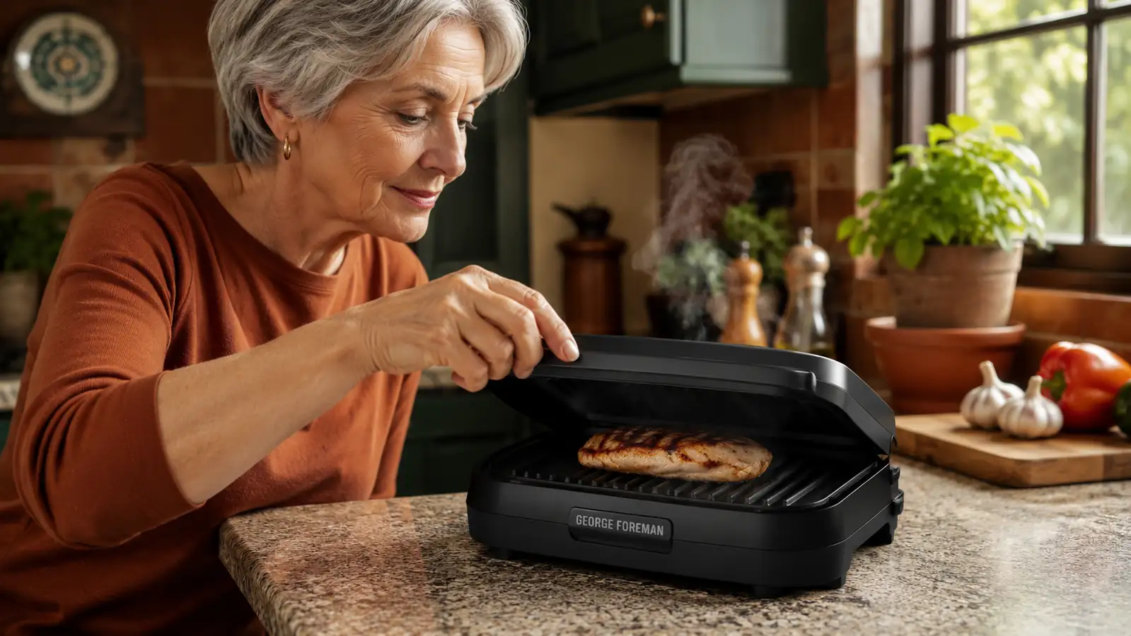 George Foreman GR10B mini grill sitting open on a countertop with a chicken breast cooking on it