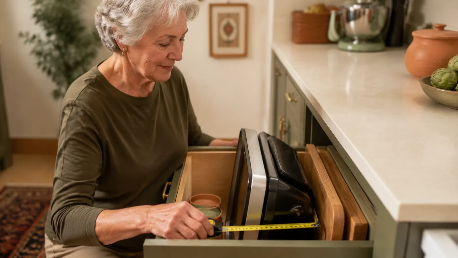The mini grill stored upright in a narrow kitchen drawer next to a cutting board
