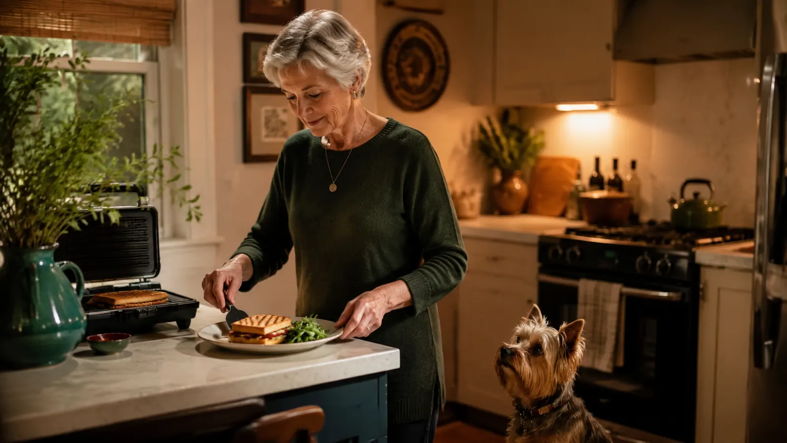 An older woman plating a grilled panini sandwich at her kitchen counter with a small dog waiting nearby