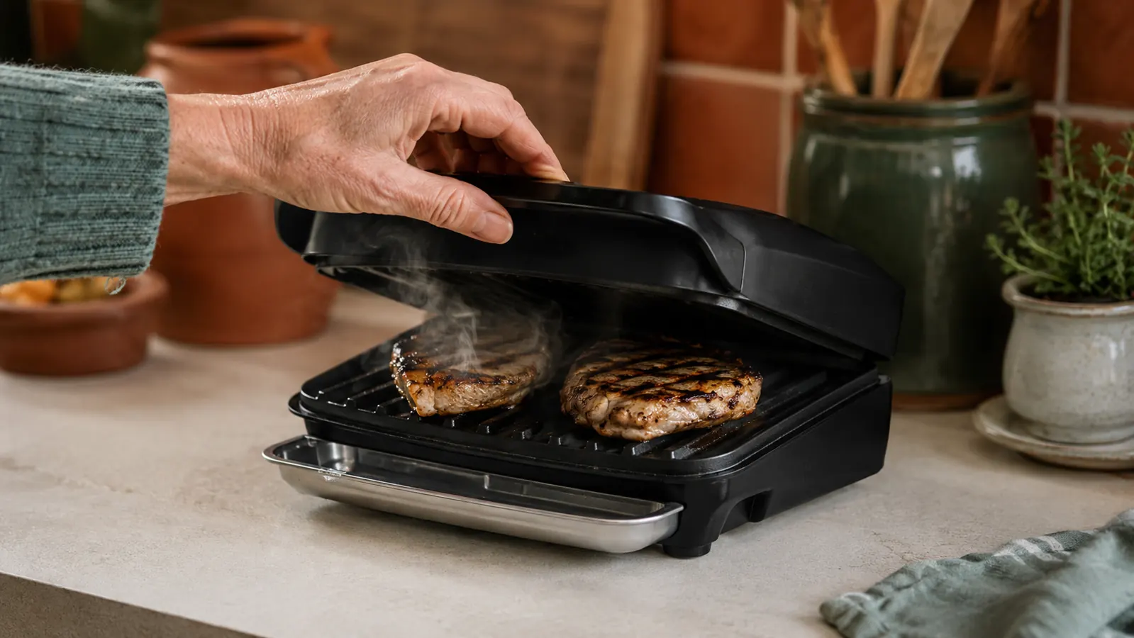 Hand lifting the top plate of the George Foreman GR10B mini grill to check a grilled chicken breast with visible sear marks