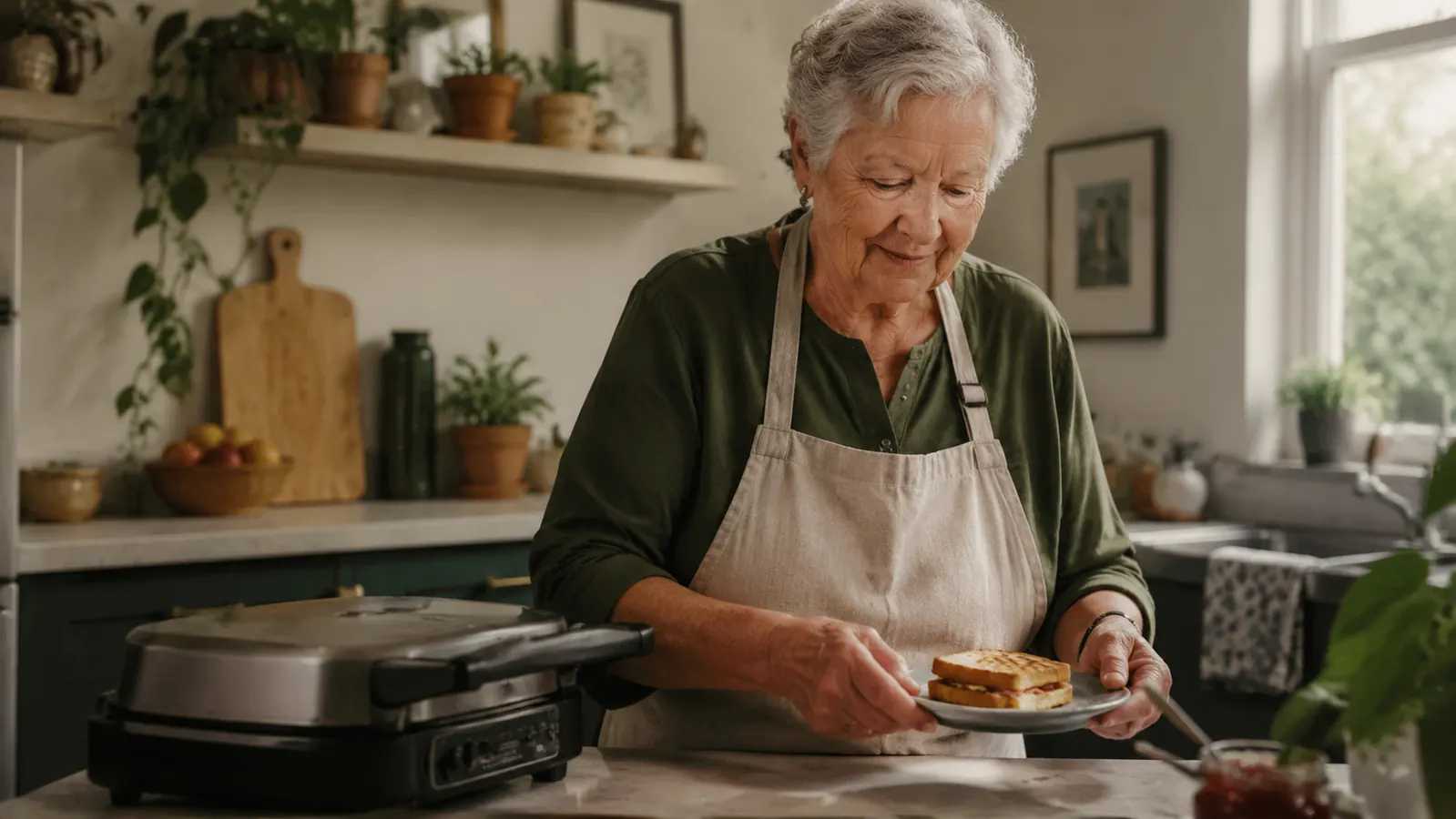 Retired woman in a small kitchen plating a grilled panini sandwich cut in half on a wooden board