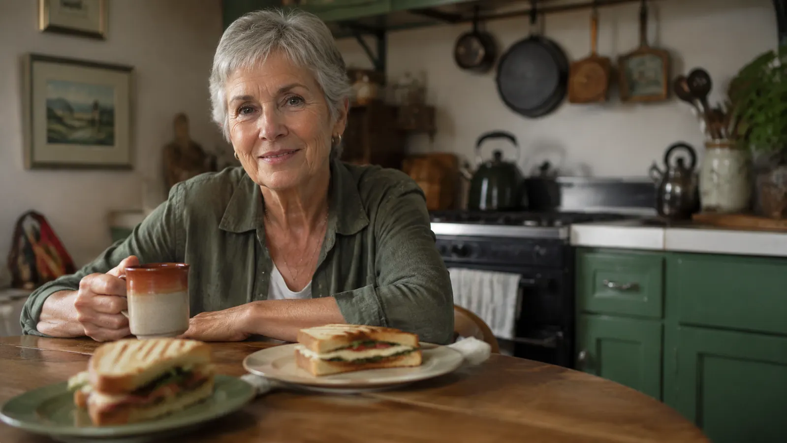 Two plated panini sandwiches on a small kitchen table, one from a compact grill and one from a large panini press, alongside a cup of coffee