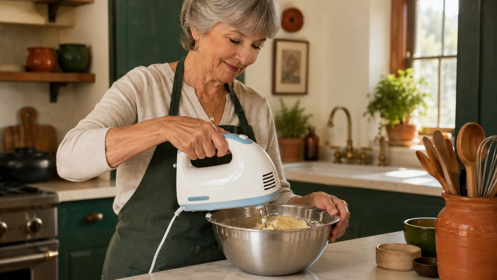 Hand holding the Hamilton Beach hand mixer over a bowl of cookie dough on a counter