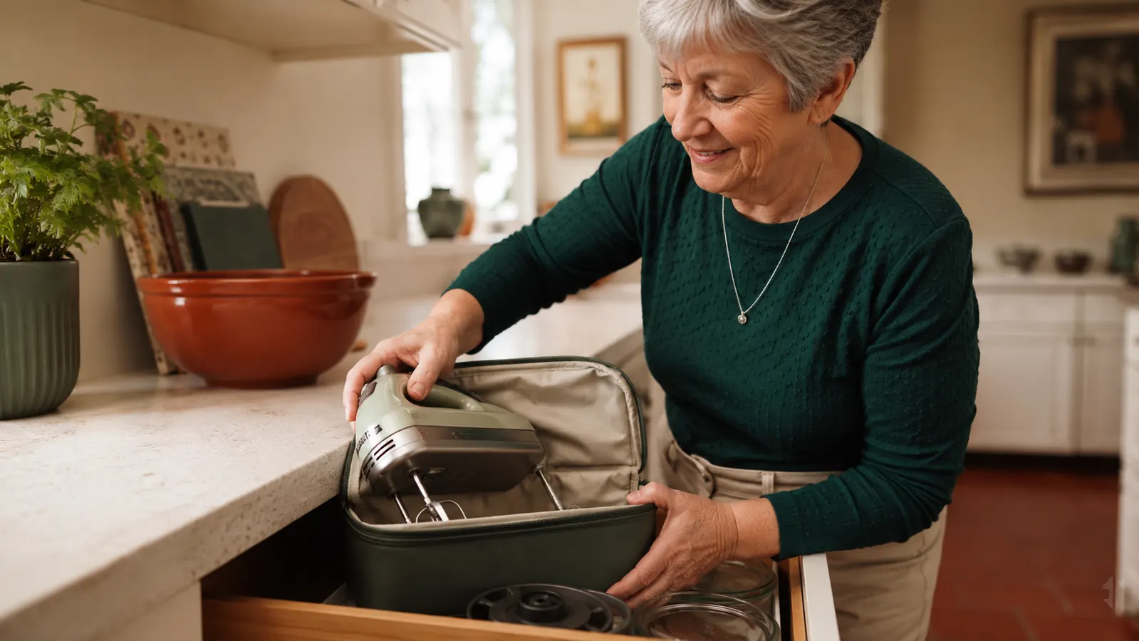 Small kitchen drawer with the hand mixer stored neatly in its snap-on case next to measuring cups