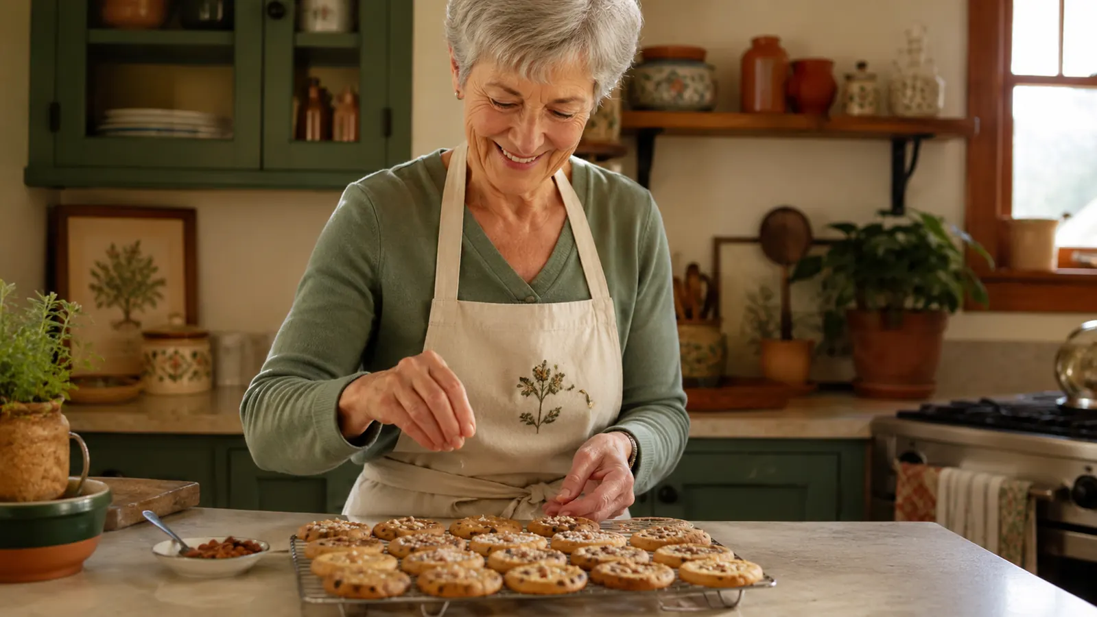 Plate of fresh baked cookies cooling on a rack in a small kitchen