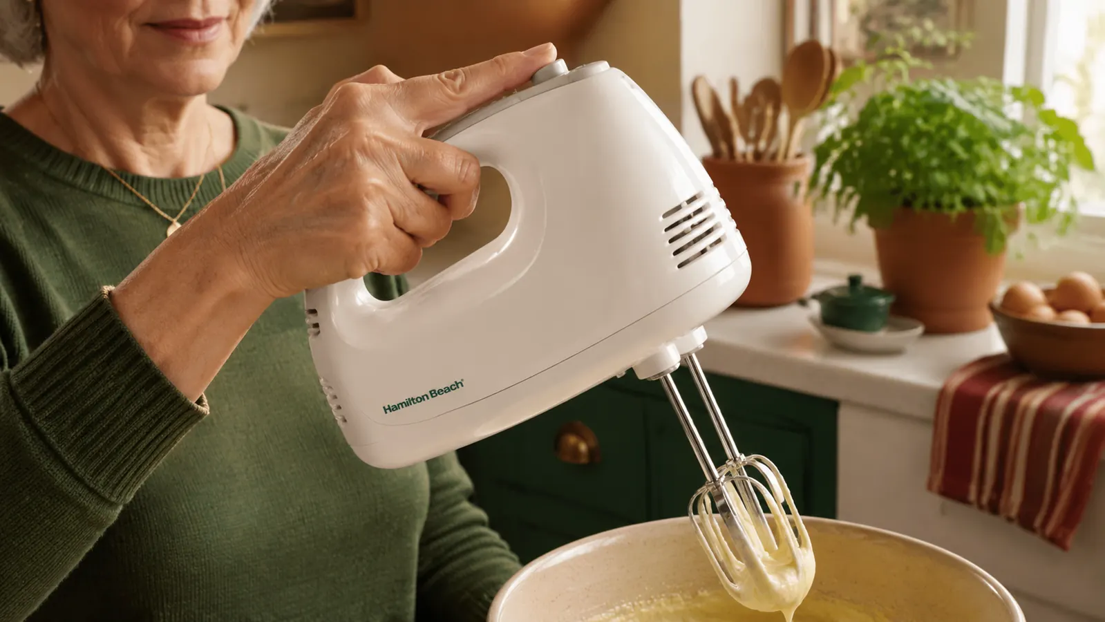 Close-up of a hand pressing the beater-eject button on the Hamilton Beach mixer with batter still clinging to the beaters