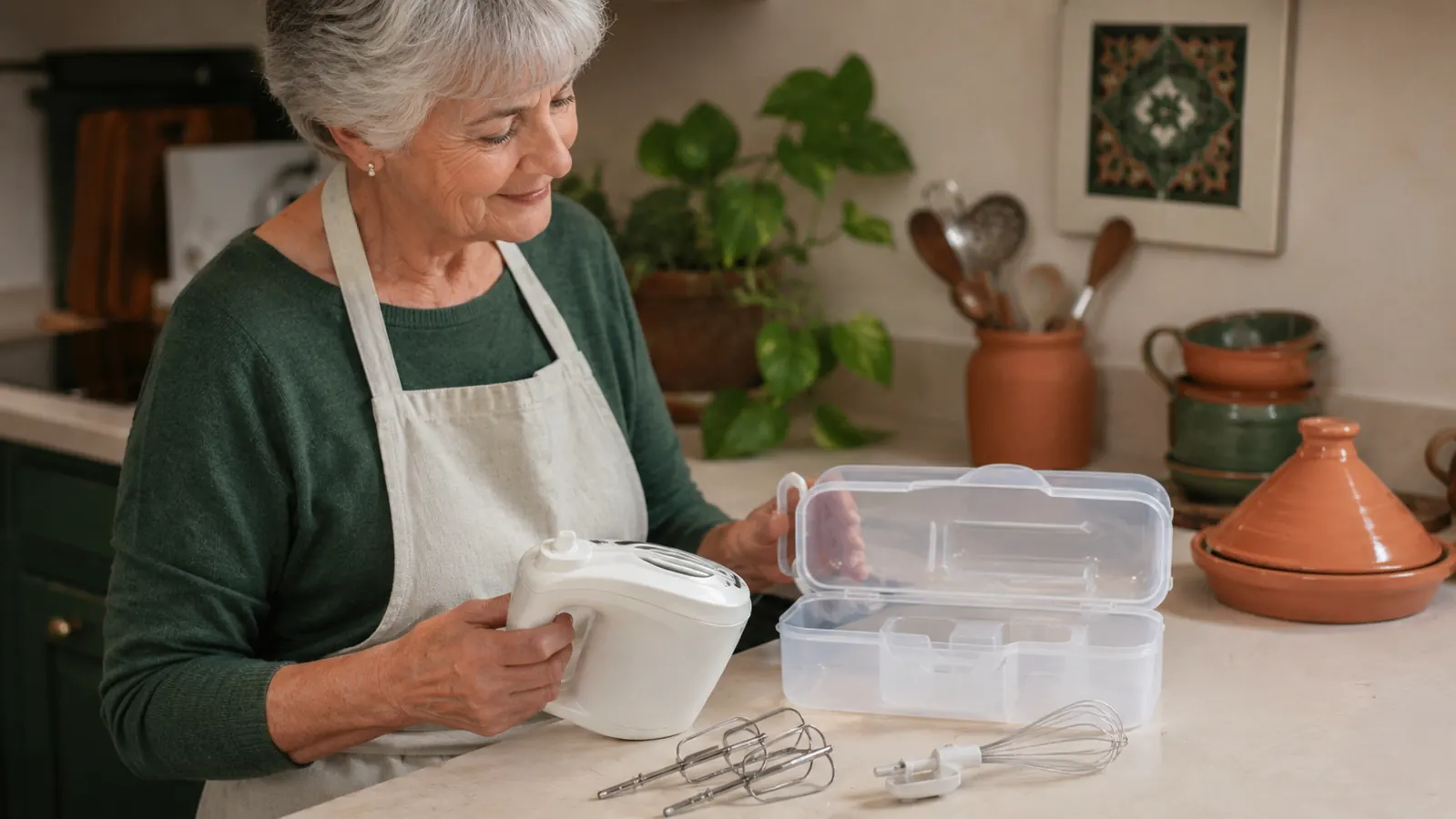 White Hamilton Beach hand mixer with beaters removed, sitting next to its open snap-on storage case on a counter