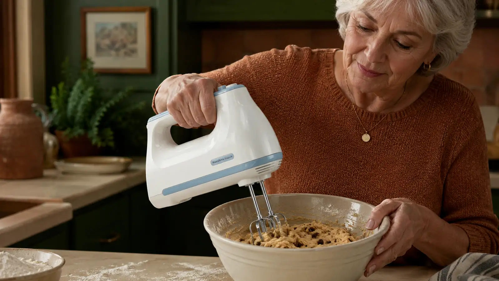 Hand holding the Hamilton Beach hand mixer with traditional beaters mixing cookie dough in a stainless bowl