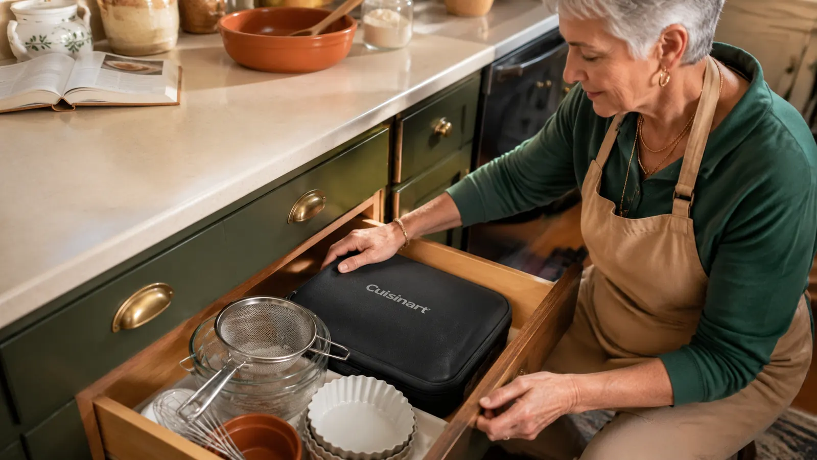 Snap-on storage case for the hand mixer tucked into a narrow kitchen drawer next to measuring cups