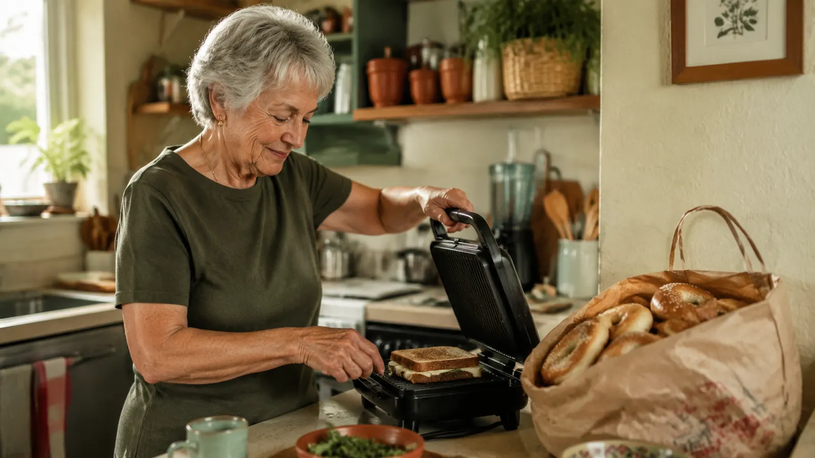 A cluttered kitchen counter mid-recall, showing a bag of oversized bagels next to the sandwich maker, illustrating a bread mismatch