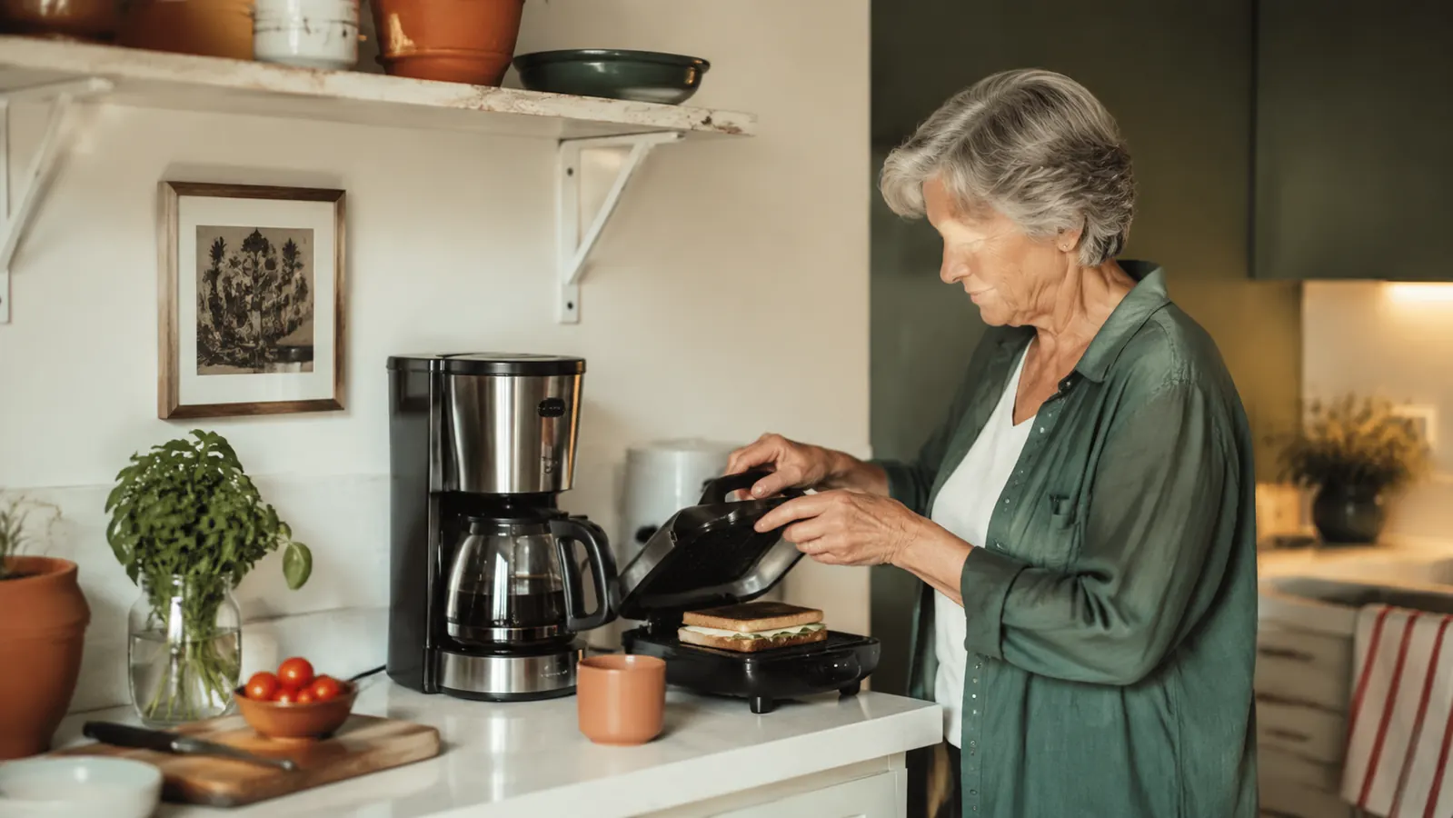 A small kitchen counter with the Hamilton Beach Breakfast Sandwich Maker tucked beside a coffee maker, both fitting comfortably in a compact space