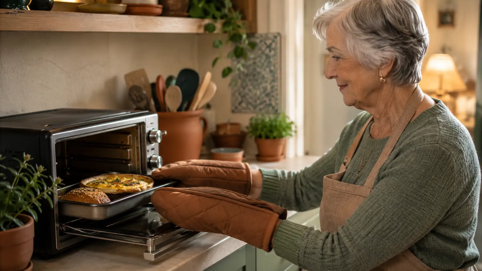 Toaster oven tray with a bagel, egg dish, and bacon being pulled out by an oven mitt