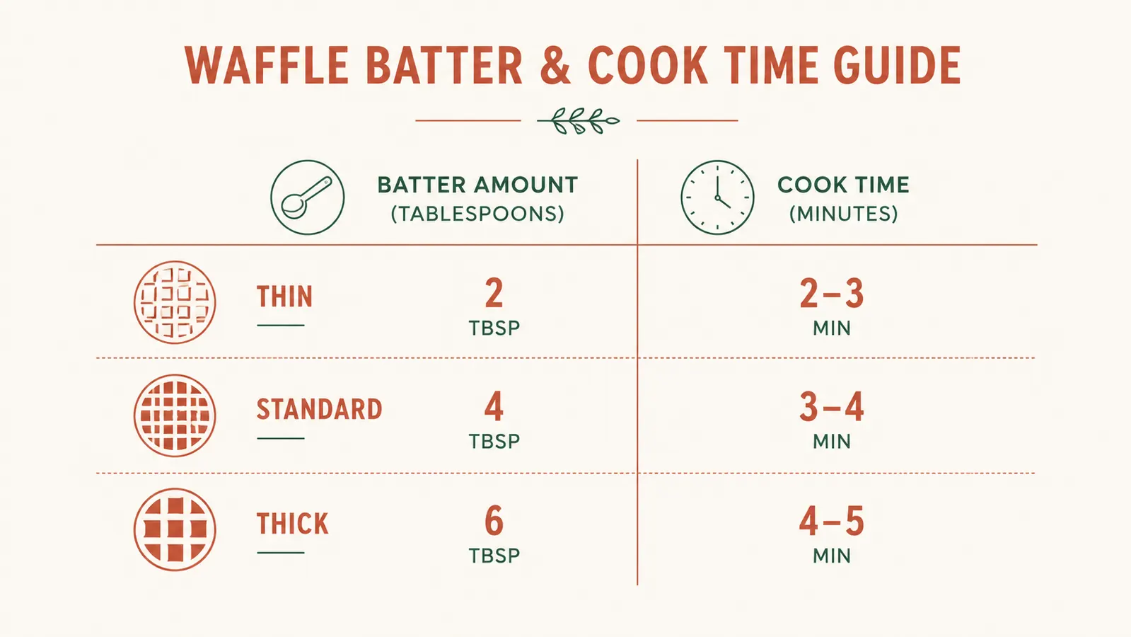 Simple chart showing batter measurement in tablespoons matched to waffle size and cook time in minutes
