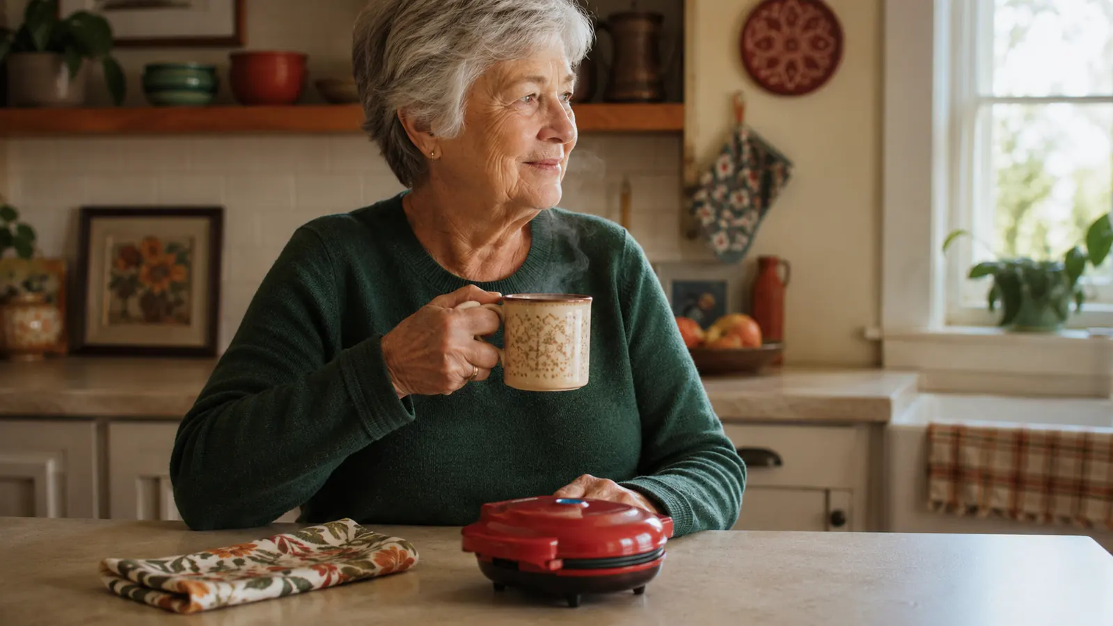 Small DASH waffle maker sitting clean and unplugged on a narrow kitchen counter next to a coffee mug