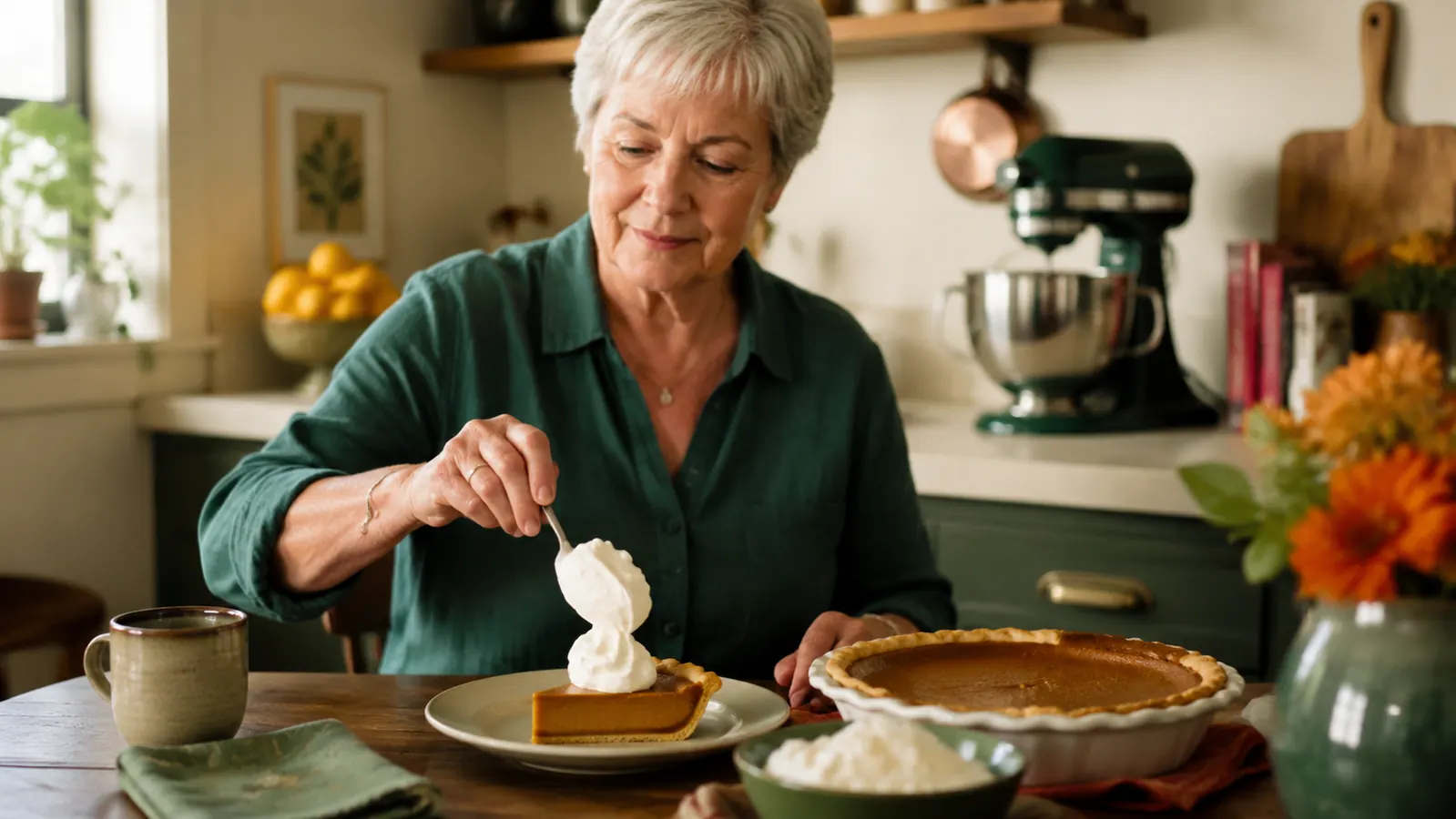 Bowl of whipped cream being dolloped onto a slice of pie at a small kitchen table