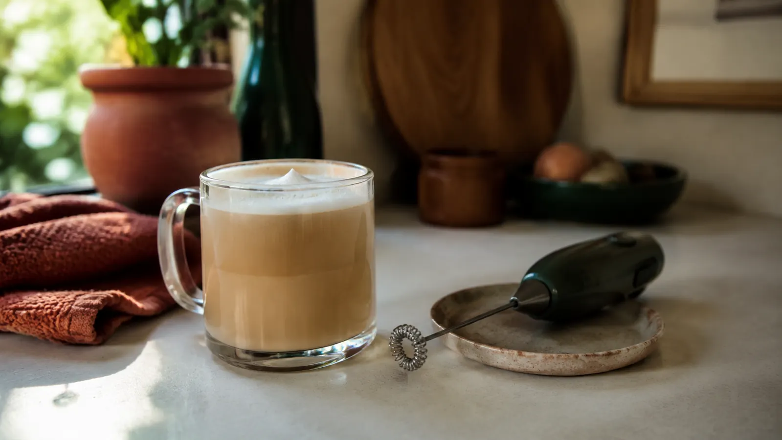 Close-up of foamy latte in a favorite mug next to the frother resting on a small dish