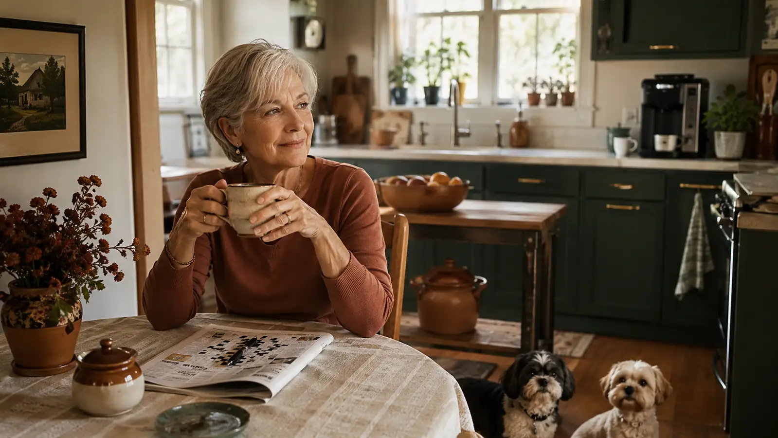 Robin sitting at a small kitchen table with coffee and a crossword, relaxed