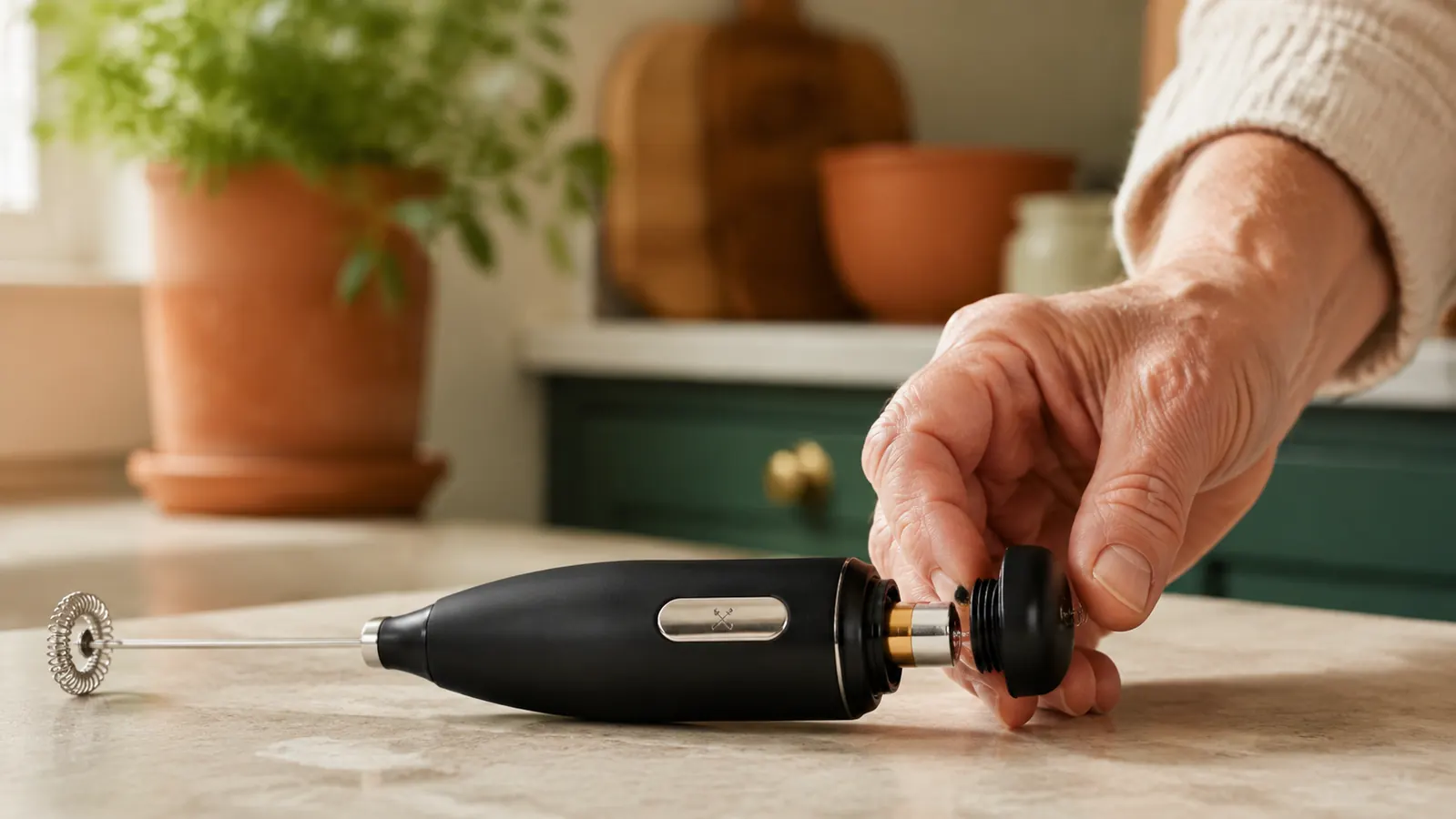 Hand unscrewing the battery cap on the bottom of the Zulay frother handle to swap in a fresh AA battery