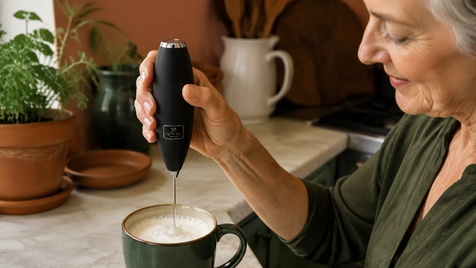 Hand holding the Zulay frother wand at an angle in a mug of steaming milk, whisk head just breaking the surface