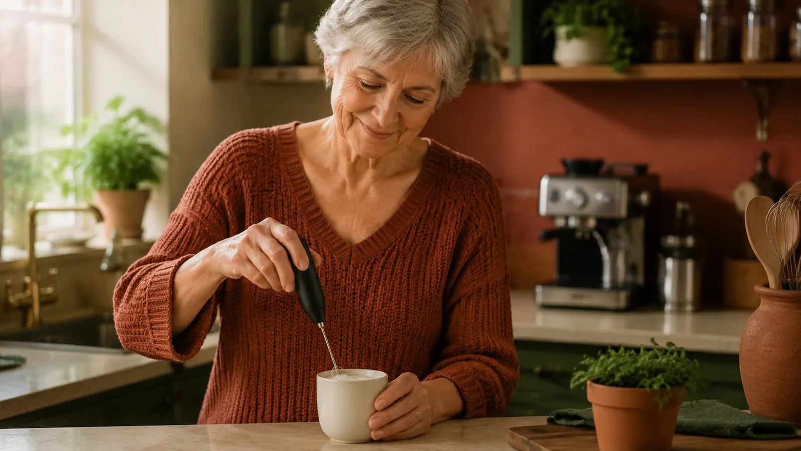 Hand holding the Zulay handheld frother whisking milk in a small mug