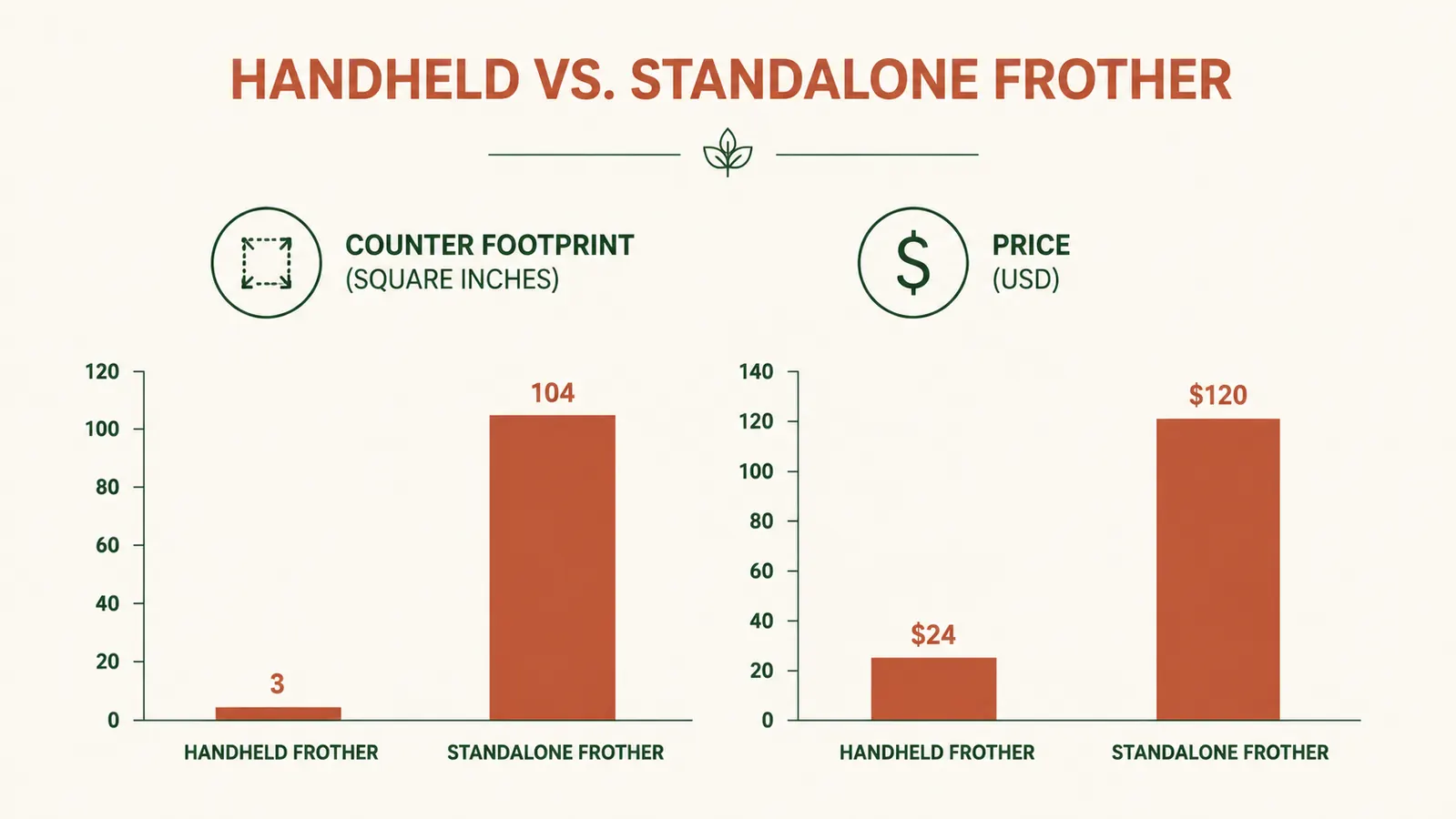 Chart comparing counter footprint and price of a handheld frother versus a standalone frother